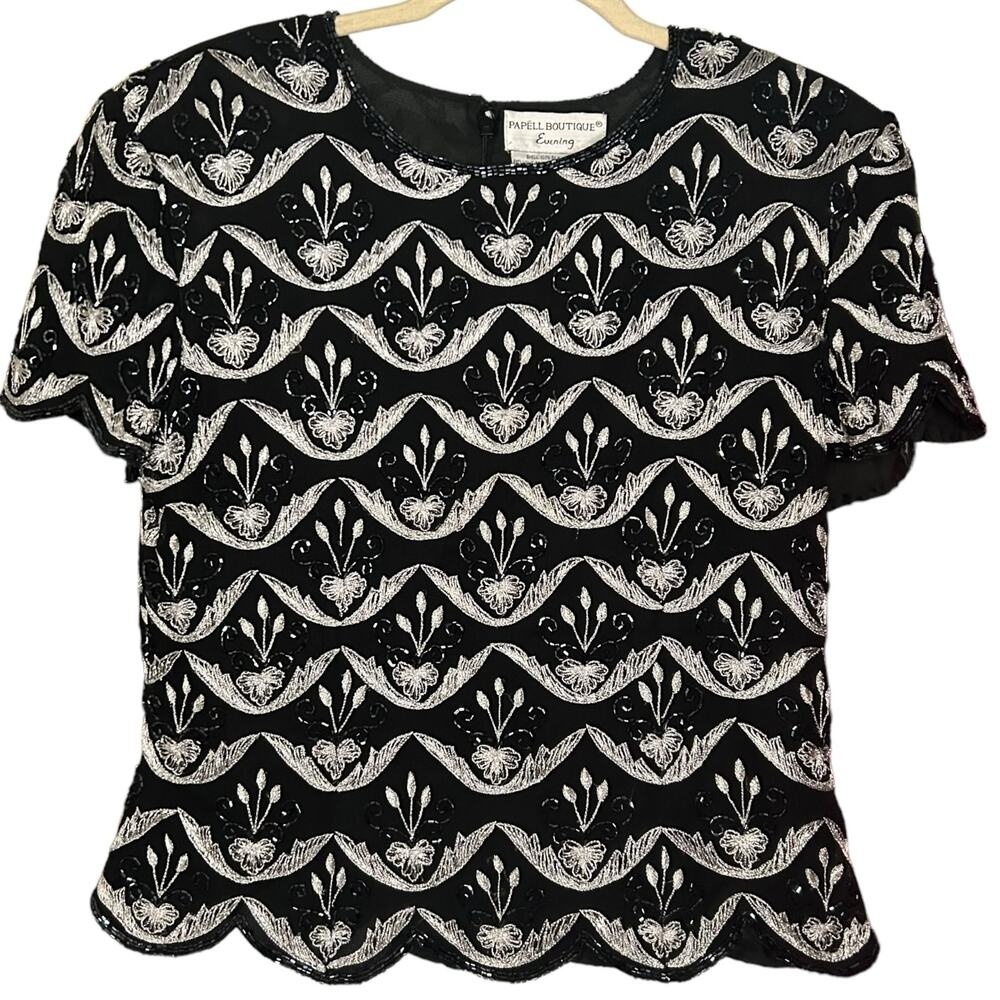 Vintage Papell Boutique Evening Silk Embroidered and Beaded Blouse Size L
